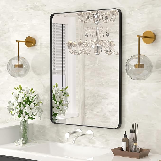Kosmonia 30x22 Bathroom Vanity Mirror for Wall, Aluminum Framed, Farmhouse Rectangle, Anti-Rust, HD Reflection Anti-Desilvering, Distortion Free, Tempered and Shatter-Proof Wall Mounted Mirror, Black