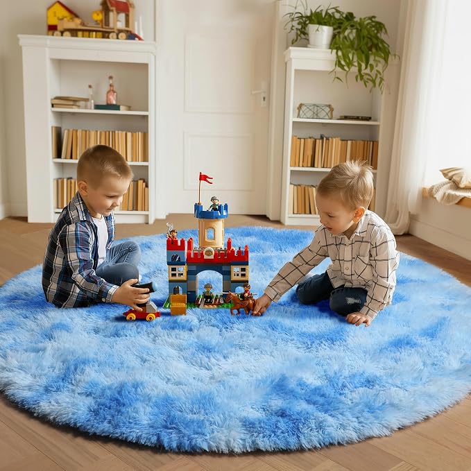 Tie-Dye Blue Round Rug 4ft, Fluffy Soft Circle Area Rugs - Image 3