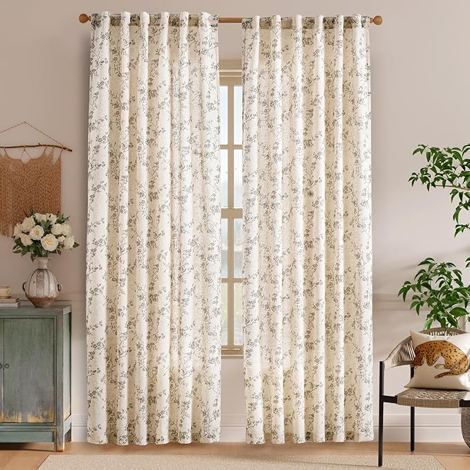 Grey Vintage Floral Linen Curtains Farmhouse 50W X 84L 2 Panels | Elisa Series - Image 2