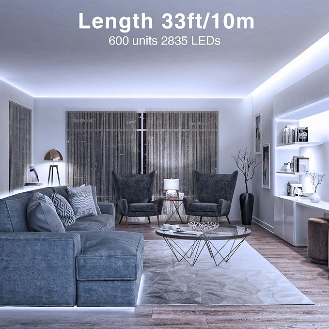 Onforu White LED Strip Lights, 32.8FT 6000K Super Bright Dimmable Tape Light Kit, 600 LEDs Daylight Easter Rope Light, 12V Flexible Strip Lighting for Mirror, Under Cabinet, Home, Bedroom