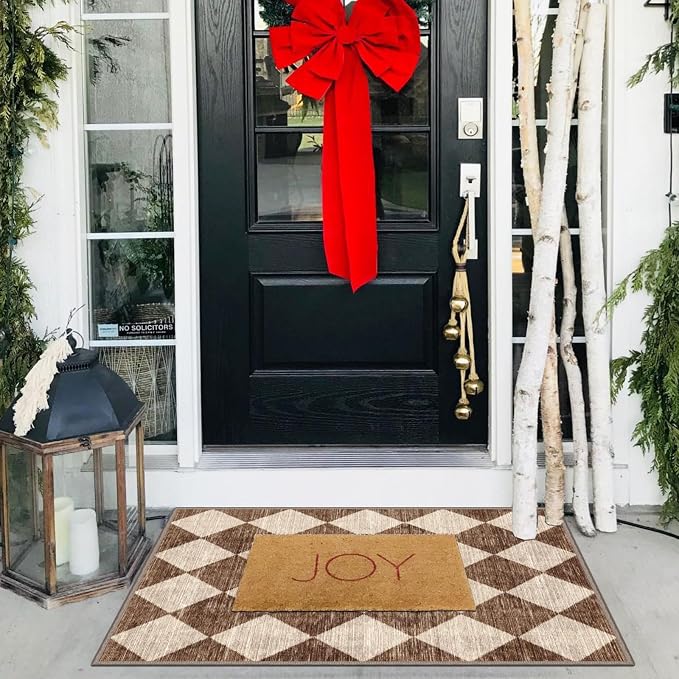 Front Door Rug - 2x3 Brown Beige Checkered Diamond Entry Rug | Non-Slip - Image 7
