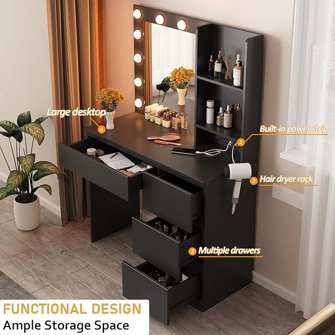 Vabches Makeup Vanity with Lights, 37inch Vanity Desk with Power Strip, 4 Drawers Makeup Table with Lighted Mirror, 3 Lighting Colors,Black