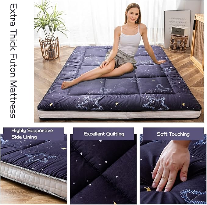 MAXYOYO Black Moon and Star Futon Mattress, Japanese Floor Mattress Quilted Bed Mattress Topper, Extra Thick Folding Sleeping Pad Breathable Floor Lounger Guest Bed for Camping Couch, Twin