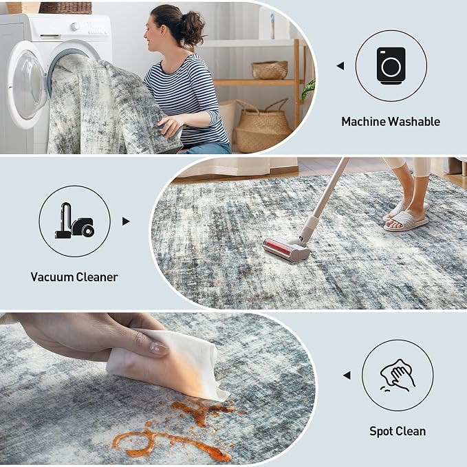 4x6 Area Rugs for Living Room: Washable Abstract Blue Multi Badroom Carpet | - Image 4