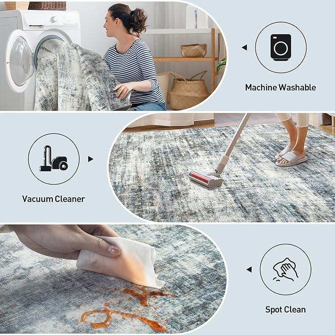 10x14 Area Rugs for Living Room: Washable Abstract Blue Multi Carpet | Non-slip - Image 4
