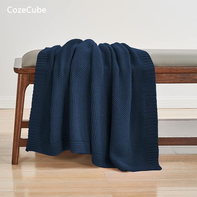 CozeCube Navy Blue Seed Stitch Throw Blanket 60"x80", Farmhouse Decor | Blanket - Image 3