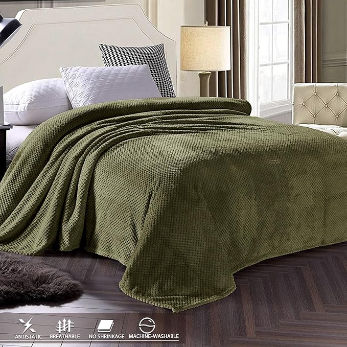 Exclusivo Mezcla Soft Waffle Fleece Bed Blanket Queen Size, Olive | Lightweight - Image 3