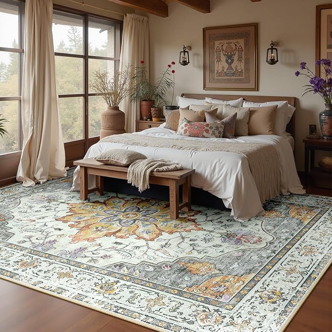 RELEANY Washable Area Rug, Water Repellent, Pet Friendly, Vintage Floral Boho by RELEANY