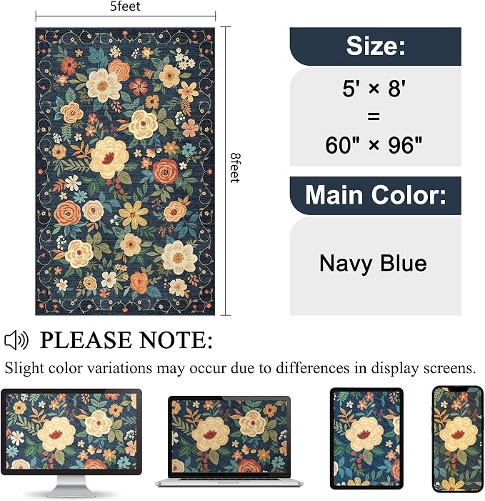 DUKINO 5x8 Area Rug for Bedroom, Floral Washable Rug Non Slip, Non-Shedding - Image 2