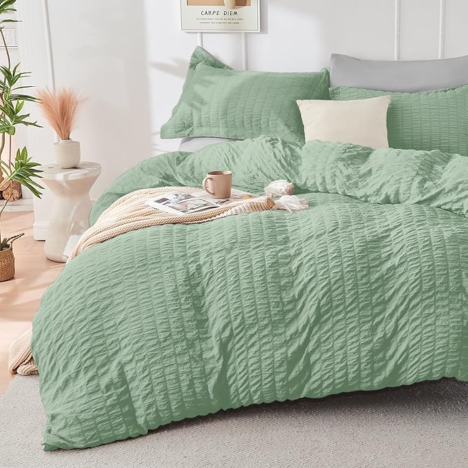 HYMOKEGE Sage Green/Light Grey Full Size Comforter Sets Seersucker 7 Pieces, All Season Luxury Bed in a Bag for Bedroom, Bedding Set with Comforter, Sheets, Pillowcases & Shams