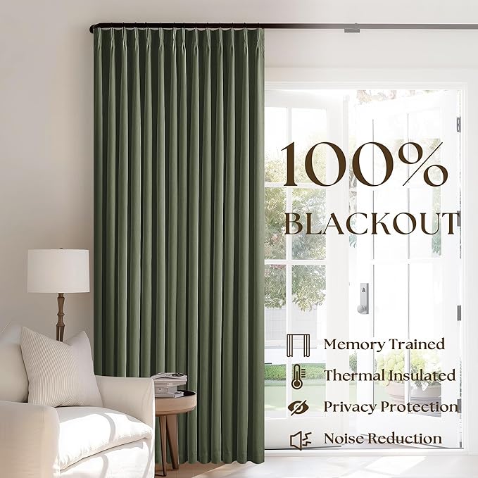 Olive Green Pinch Pleated Blackout Linen Bedroom Curtains 96 Inch Length | - Image 3