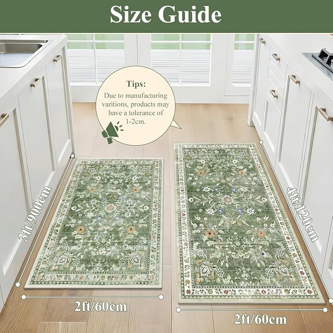 Yamaziot 2x3+2x5Ft Washable Kitchen Rug Set of 2 Non Slip, Sage Green | Soft - Image 2