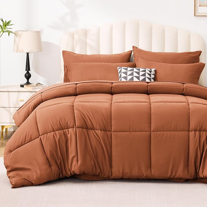 Love's cabin King Size Comforter Set Burnt Orange, 7 Pieces King Bed in a Bag, All Season Bedding Sets with 1 Comforter, 1 Flat Sheet, 1 Fitted Sheet, 2 Pillowcase and 2 Pillow Sham