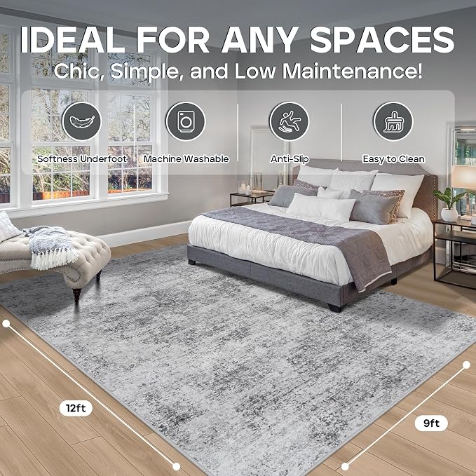 Aelenmu 9x12 Area Rugs for Living Room Bedroom Dining Room Washable Grey | Soft - Image 2