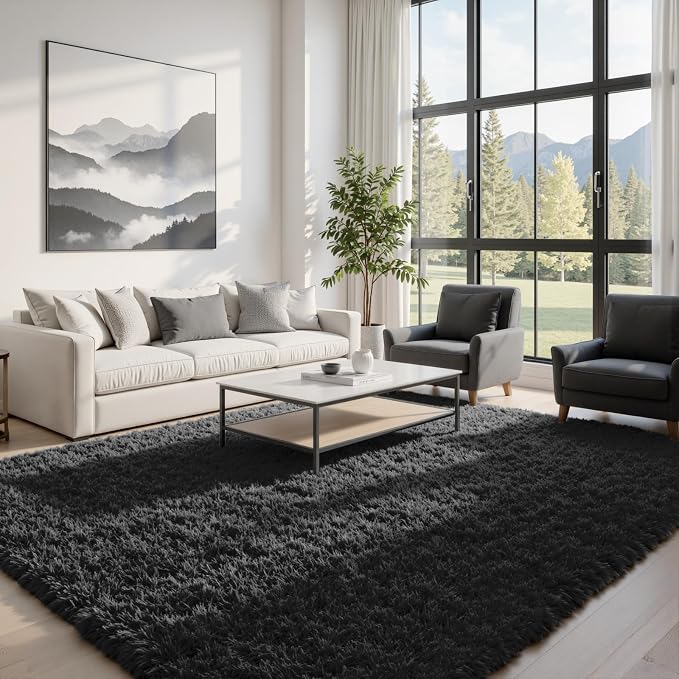 8x10 Fluffy Shag Area Rugs for Living Room Bedroom: Soft Plush Carpet Black | - Image 2