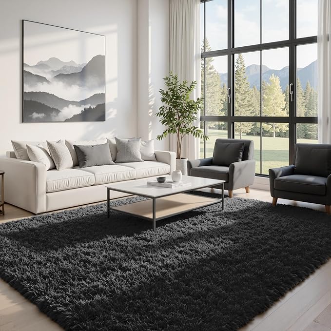 5x7 Fluffy Shag Area Rugs for Living Room Bedroom: Soft Plush Carpet Black | - Image 2