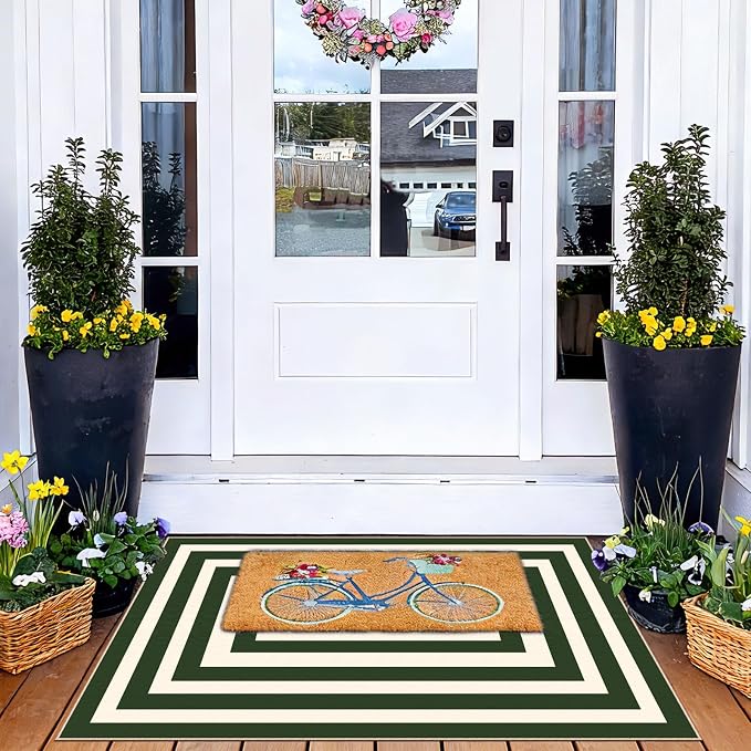 Front Door Mat Indoor Outside Entrance, 2x3 Green White Modern Rug | Non-Slip - Image 5