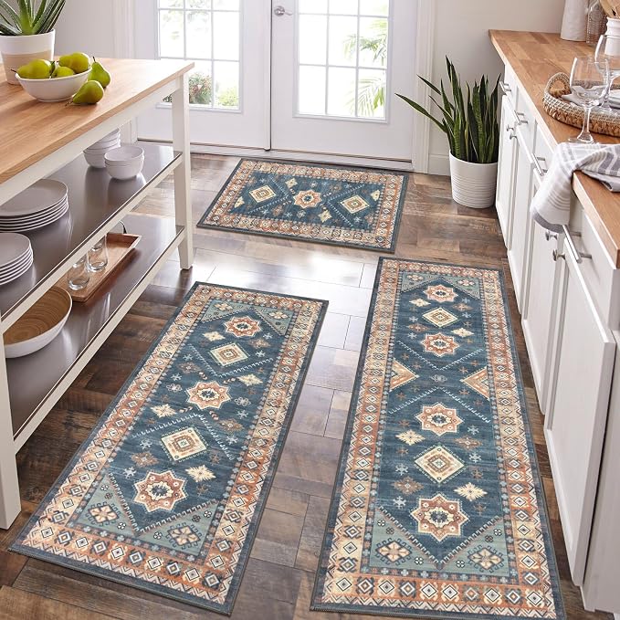 HEBE Boho Kitchen Rugs Set of 3, Non Slip Washable Kitchen Mats by HEBE