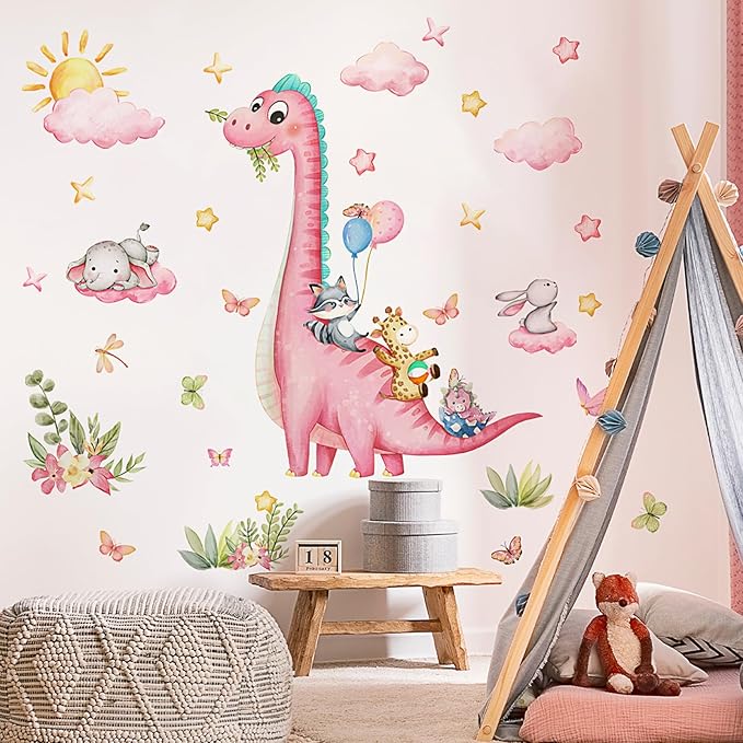 Pink Dinosaur Wall Decals for Girls Room, Sunoyar Dinosaur Wall Stickers Removable, Self-Adhesive DIY Peel & Stick Dino Wall Decal for Girls Baby Nursery Bedroom Living Room