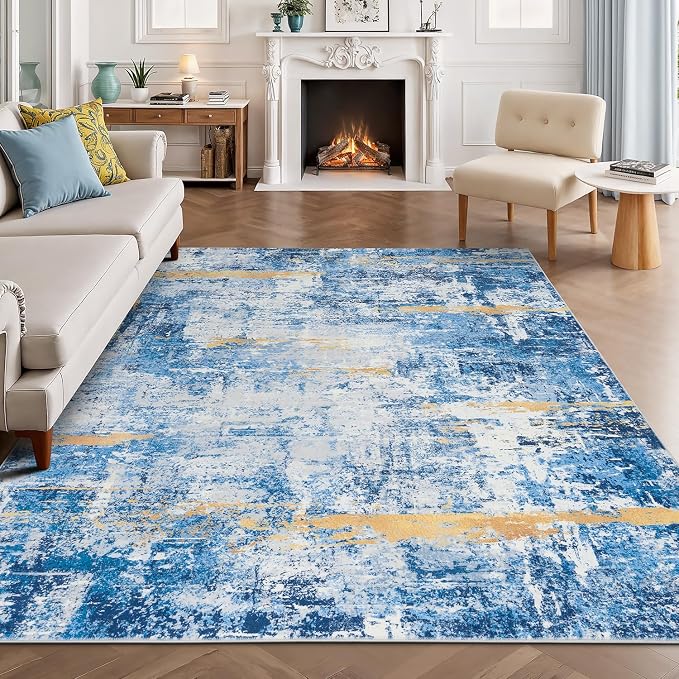 Rugflix 5x7 Area Rugs for Living Room, Washable Sky Blue Gold Large Rug | by RugflixAreaRugs
