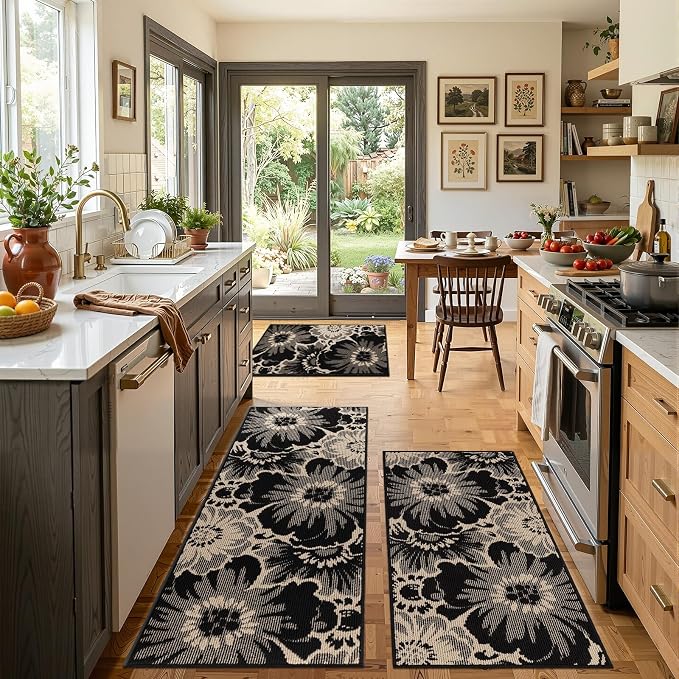 Findosom Washable Kitchen Rug Set of 3, Non Slip High-Low Textured Floral - Image 4