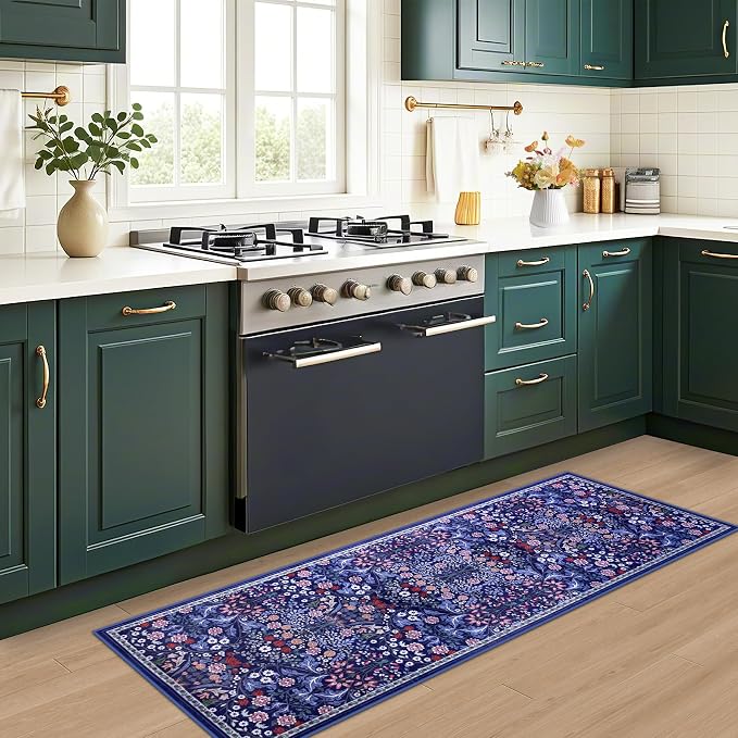 PLHXFR 2.6x8 Washable Runner Rug：Floral Indoor Kitchen Soft Carpet Blue | - Image 6