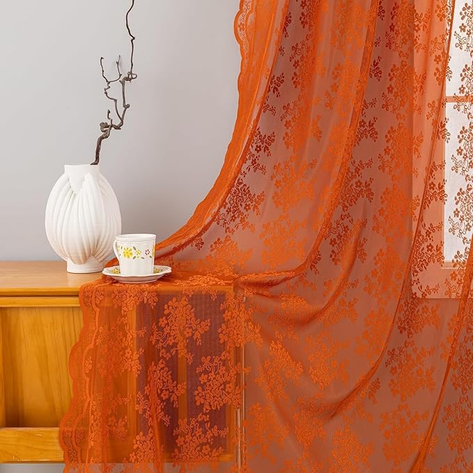 YJ YANJUN Orange Lace Curtains 54 Inch Length, Boho Chic Short Sheer Panels | - Image 3
