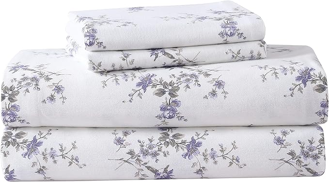 Laura Ashley - Flannel Sheets Twin Size, Anti-Pilling & Wrinkle Resistant Cotton, Touchably Soft for All-Season Comfort - Bed Sheets with Matching Pillowcase & Fitted Sheet (Jessika Lavender)