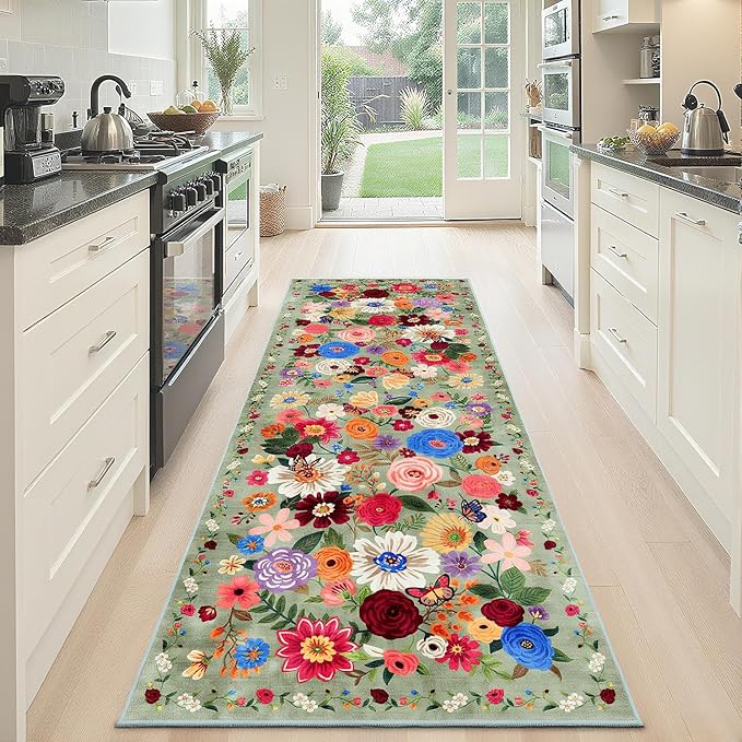 Floral Hallway Runner Rug 2x6 for Bedroom Kitchen | Rubber Backing; Non Slip; - Image 6