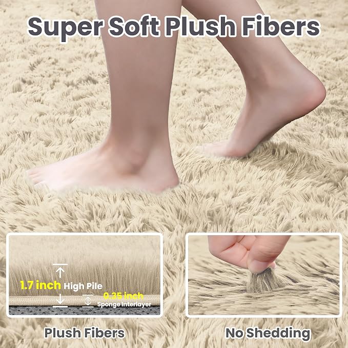5x7 Fluffy Shag Area Rugs for Living Room Bedroom: Soft Plush Carpet Beige | - Image 5