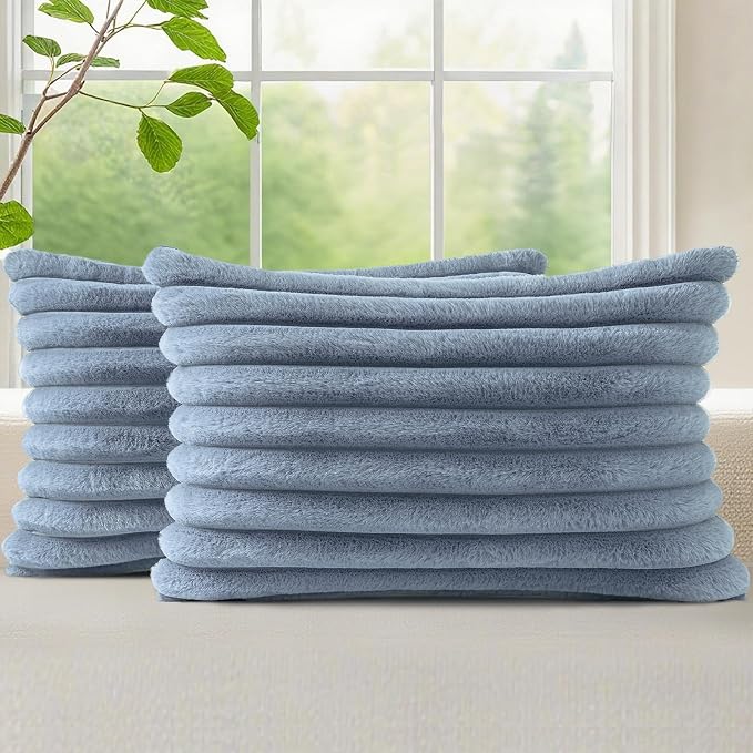 decorUhome Fall Faux Fur Throw Pillow Covers 12x20 Set of 2 Grey Blue | by decorUhome