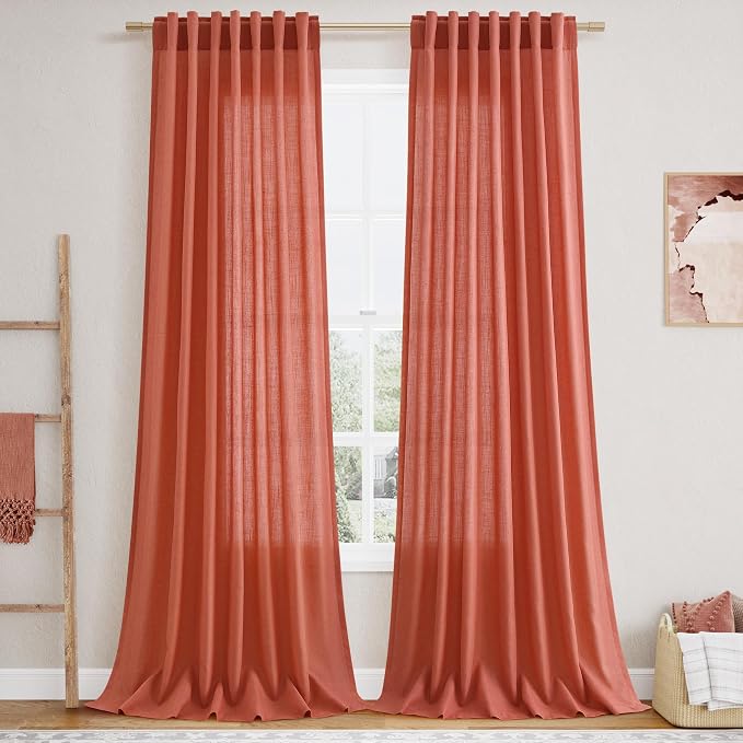 Coral Linen Curtains 90 Inch Length 2 Panel Set Back Tab Rod Pocket Semi Sheer by Nanspring