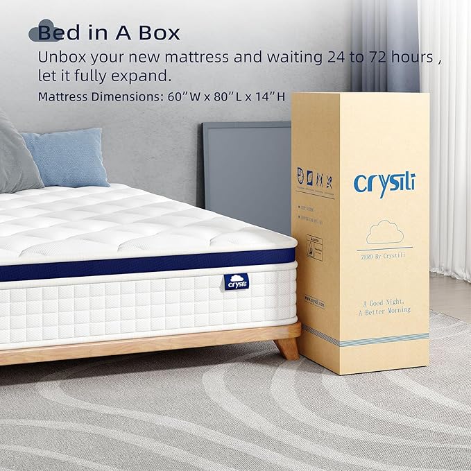 Crystli Queen Mattress 14 Inch - Hybrid Mattress Bed in a Box, Medium Firm Support, Pressure & Pain Relief for All Sleepers, CertiPUR-US Certified, Reinforced Edge Support, Motion Isolation