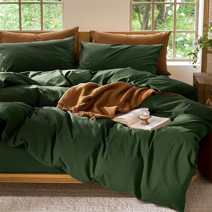 MooMee Bedding Duvet Cover Set 100% Washed Cotton Linen Like Textured Breathable Durable Soft Comfy (Solid Forest Green, Super King Plus 120"x120")