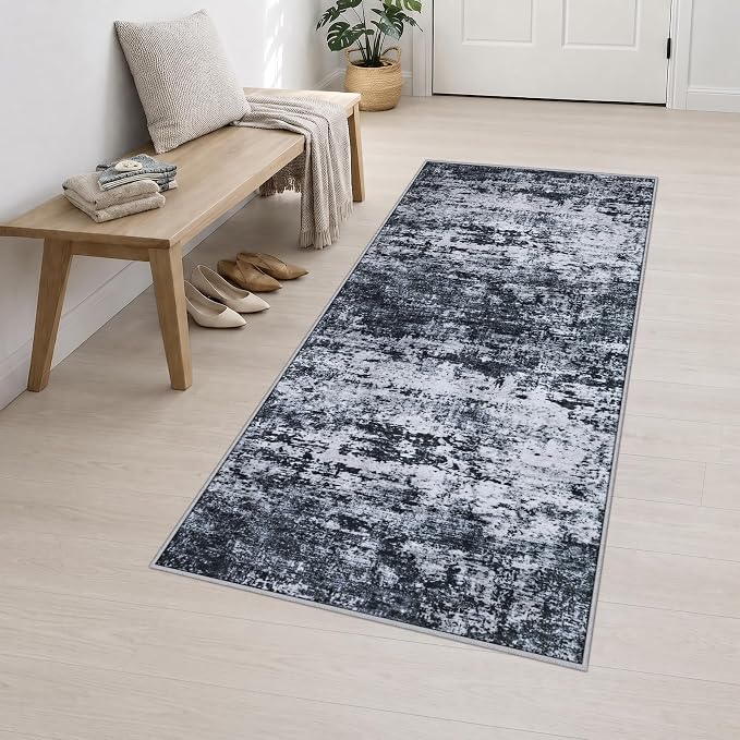 2x6 Washable Runner Rug：Modern Abstract Kitchen Carpet Black | - Image 3