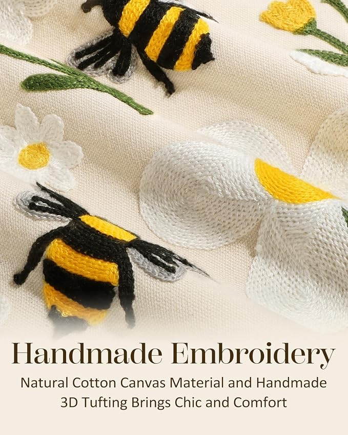Embroidered Throw Pillow Cover 20x20 Inch, Flower Bee | Decorative Pillow Cover - Image 2