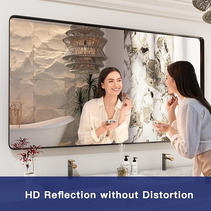 ISKM Black Bathroom Mirror for Wall 48" x 40" Matte Black Framed Vanity Mirror Anti-Rust, Tempered Glass, Rounded Rectangle Mirror(Horizontal/Vertical)
