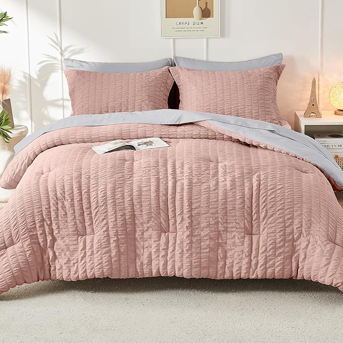HYMOKEGE Rose Gold/Light Grey Twin XL Comforter Set Seersucker 5 Pieces, All Season Luxury Bed in a Bag for Bedroom, Bedding Set with Comforter, Sheets, Pillowcase & Sham