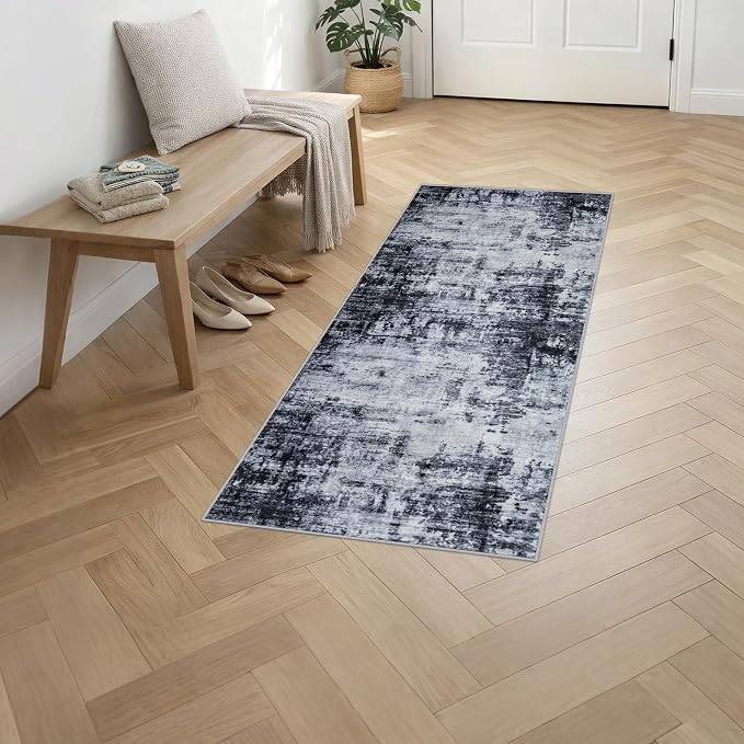 2x5 Washable Runner Rug：Modern Abstract Soft Carpet Dark Black | - Image 3