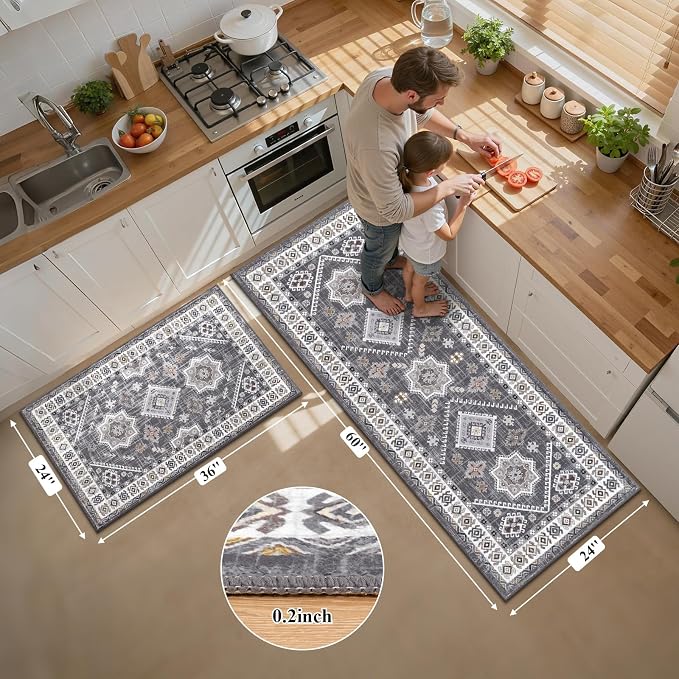 HEBE Boho Kitchen Rugs Set of 2, Non Slip Washable Kitchen Mats - Image 2