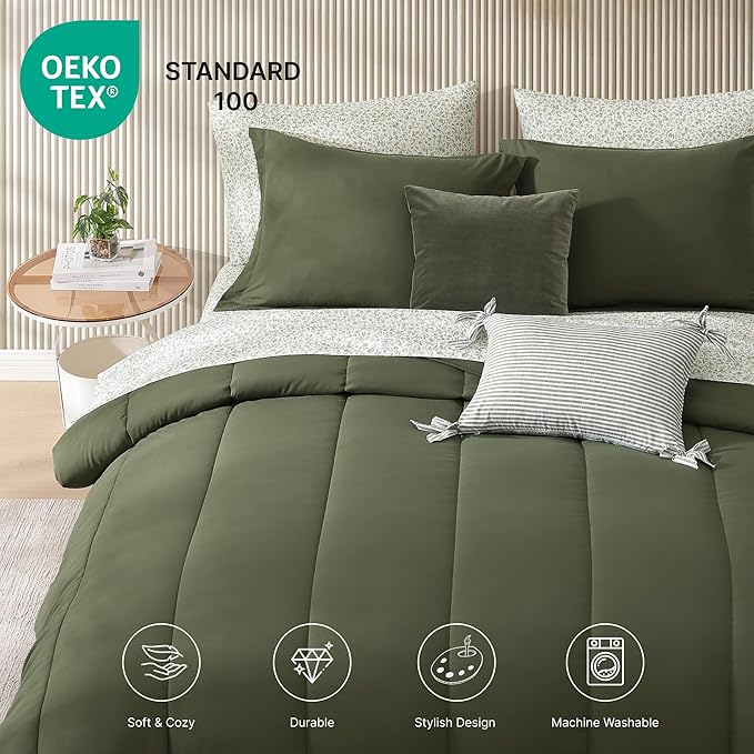 Monbix King Size Comforter Set - 7 Pieces Bed in a Bag King, Olive Green Track Stitching Bedding Sets, All Seasons Down Alternative Comforter Bed Set with Sheets, Pillowcases & Shams