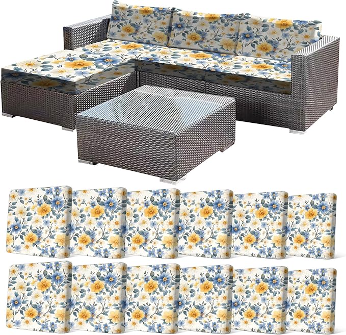 CALBODE 12 Pcs Stretch Outdoor Seat Cushion Covers, Spring Bloom | Washable by CALBODE