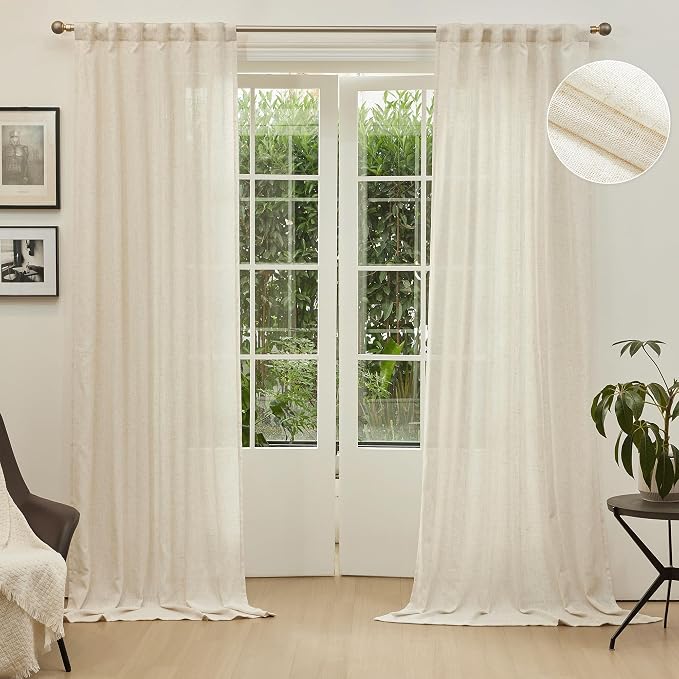 MYSKY HOME Linen Curtains for Sliding Glass Door, Back Tab Semi Sheer Curtain - Image 2