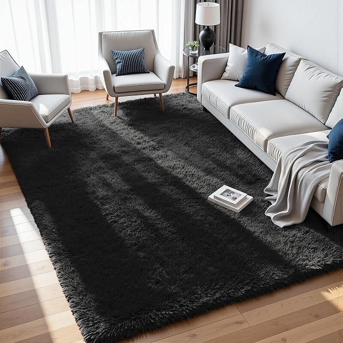 6x9 Fluffy Shag Area Rugs for Living Room Bedroom: Soft Plush Carpet Black | by CarpetAddColortoYourLife