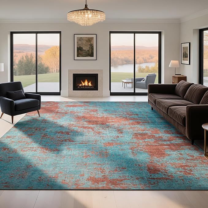 8x10 Washable Area Rugs for Living Room, Dining Room- Blue Red | Ultra Soft Low by Lbris