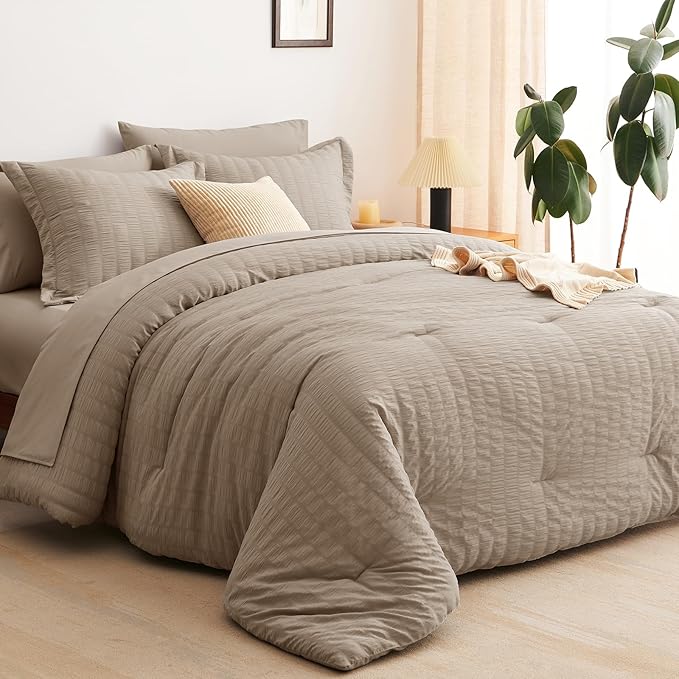 CozyLux Full Size Comforter Sets with Sheets Seersucker 7 Pieces Khaki Bed in a Bag Textured Luxury Soft Bedding Set with Down Alternative Comforter, Sheets, Pillowcases & Shams for All Seasons