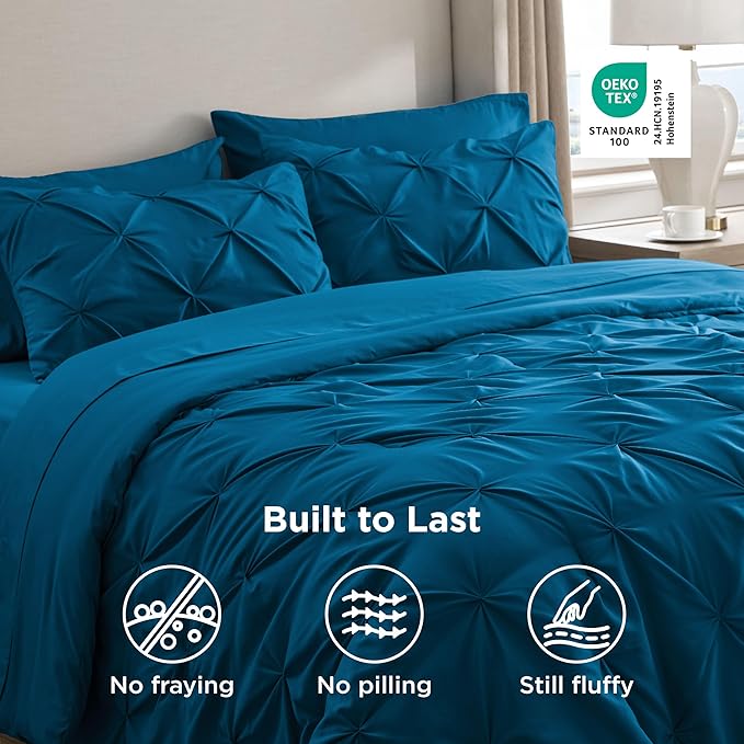 Bedsure California King Comforter Set Teal - Bed in a Bag Cal King Bedding Set 7 Pieces, GentleSoft™ Pintuck Bed Set Gift for Family, Pinch Pleat Teal Comforter with Sheets, Pillowcases & Shams
