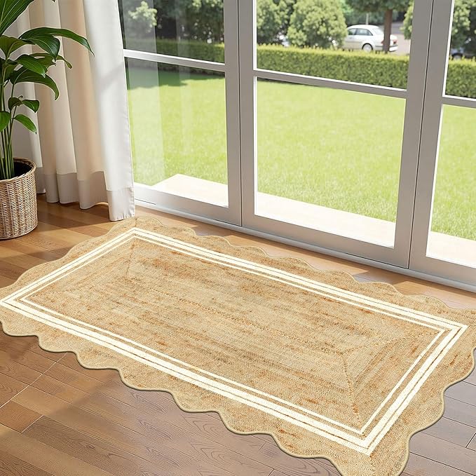 Front Door Mat - 2x4.3 Neutral Farmhouse Scalloped Small Runner Rug | Washable by Othilic