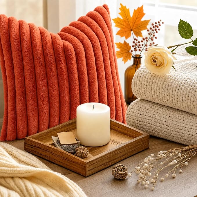 decorUhome Fall Faux Fur Throw Pillow Covers 12x20 Set of 2 Rust | Decorative - Image 8