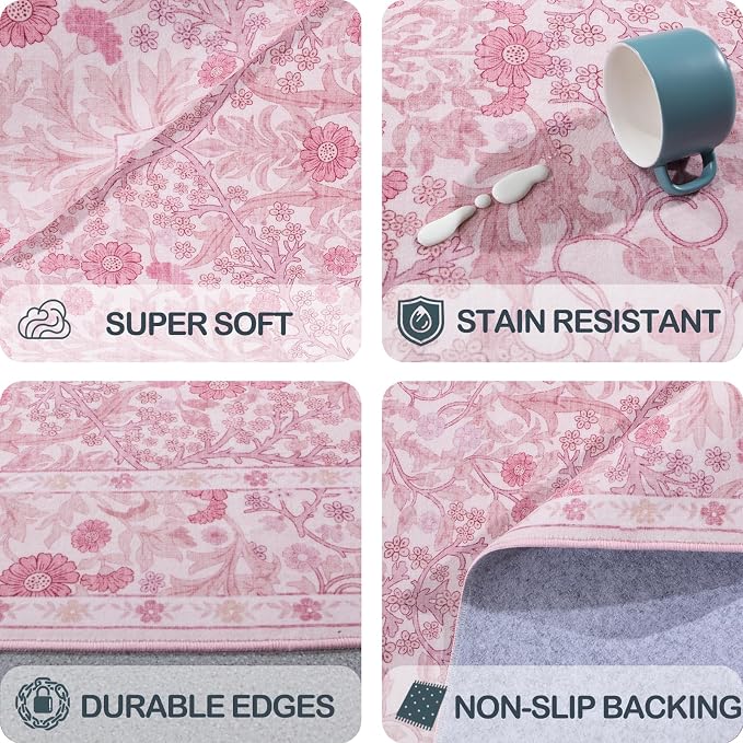 Vintage Pink Living Room Rug, 8x10 Washable Area Rugs - Image 7